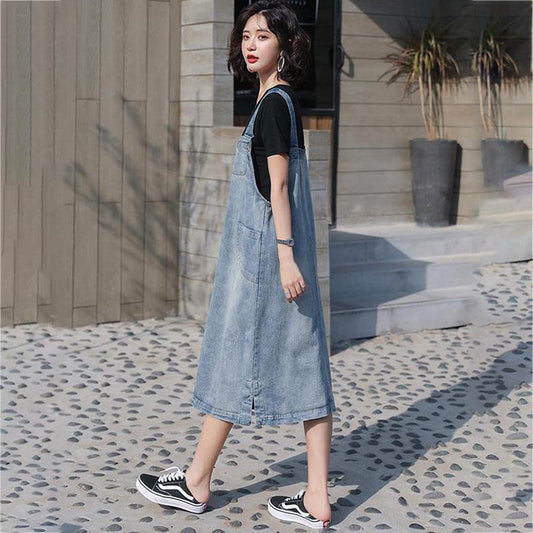 Denim Suspender Skirt Spring Summer Loose Over The Knee Mid-length Suspender Dress Thin