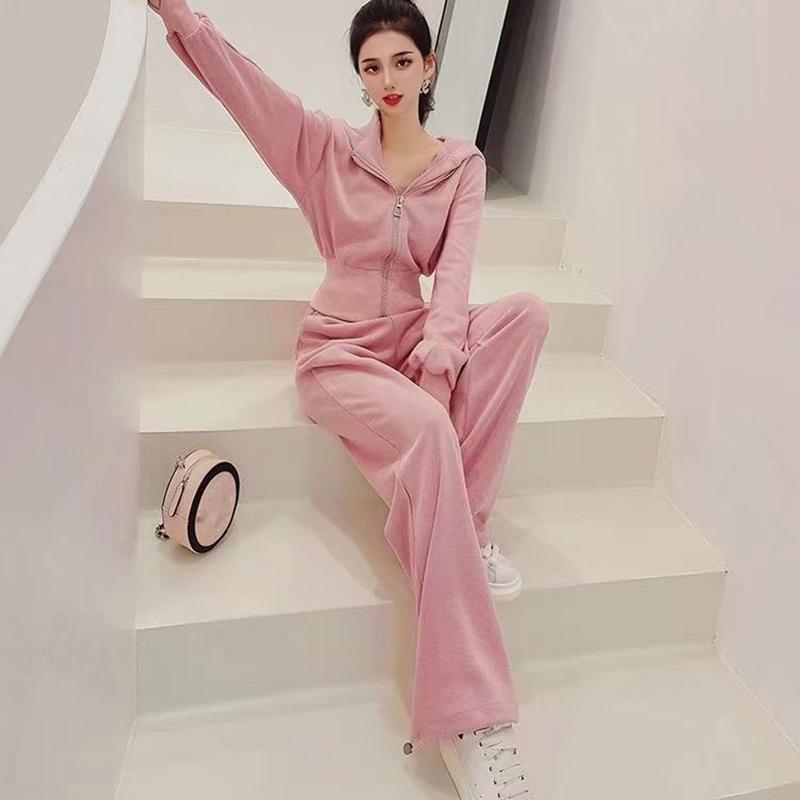 Women Hoodies Hooded Sweatshirts Zippers Tops Pink Loose Casual Clothes Oversized Harajuku Tracksuit Hoodies Suit Sweatshirts Set