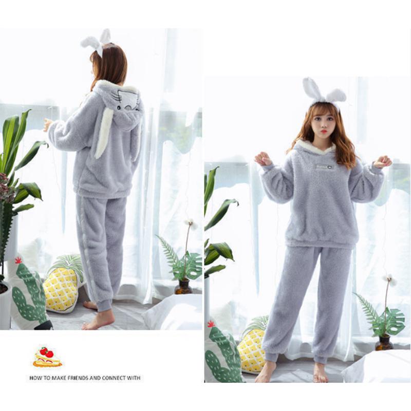 Women's Cute Cartoon Rabbit Ear Hooded Coral Fleece Pajamas Set Long Sleeves Thickened Velvet Winter Spring Flannel Warm Home Wear Sleeppingsuit