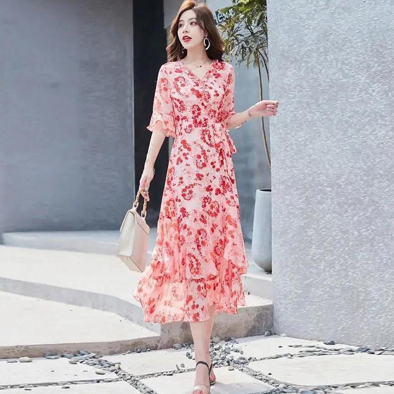 Women's Summer Sweet Short Sleeve Long Floral Dress Doll Collar Thin A-line Skirt