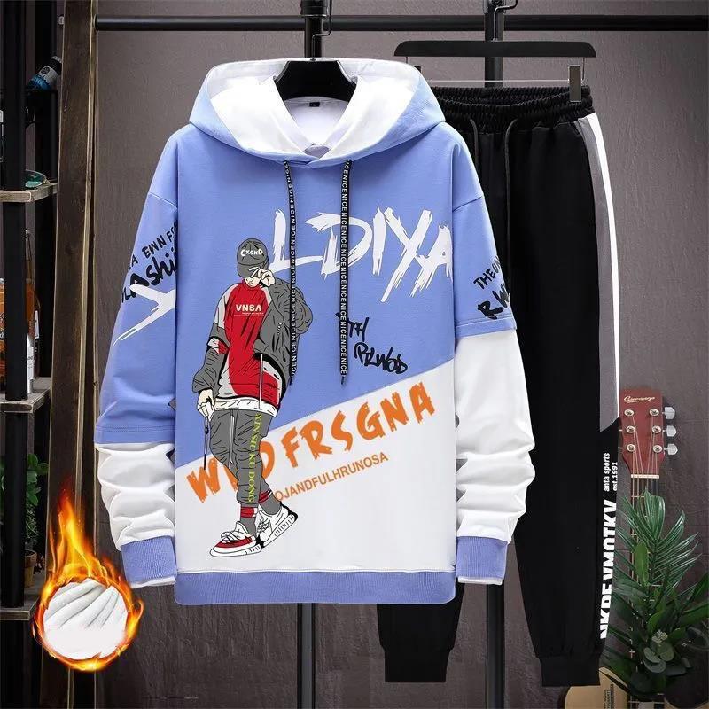 Spring Men Sports Suit Casual Hooded Pullover Thin Fleece Sportswear All-match Clothes for Teenage Students