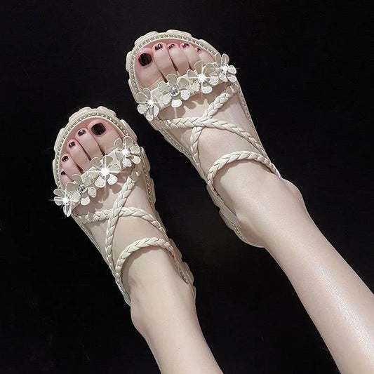 Muffin Thick Bottom Casual Sandals Summer Flowers Flat Heightened Roman Shoes Ladies Sweet Temperament Sandals A Pedal