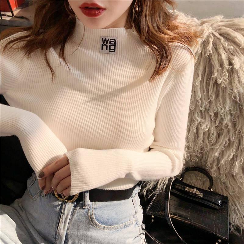 Slim Shirt Half-Turtleneck Elastic Tops Long Sleeve Short Sweater Female Casual Base Sweater