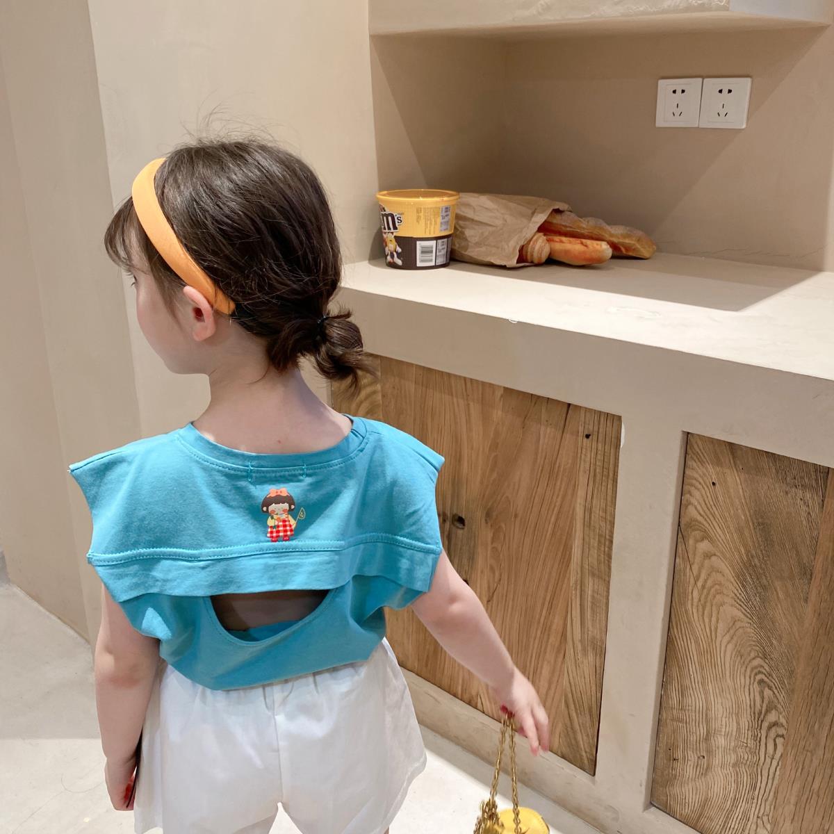 Summer Kids Cute Tops Korean Style T Shirts Girls' Short Sleeve T-shirt Open Back Printed Solid for Children Girls