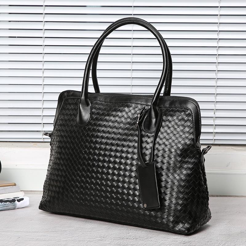 Business Briefcase Men Fashion Woven Leather Zipper Waterproof Handbag Travel Computer Bag