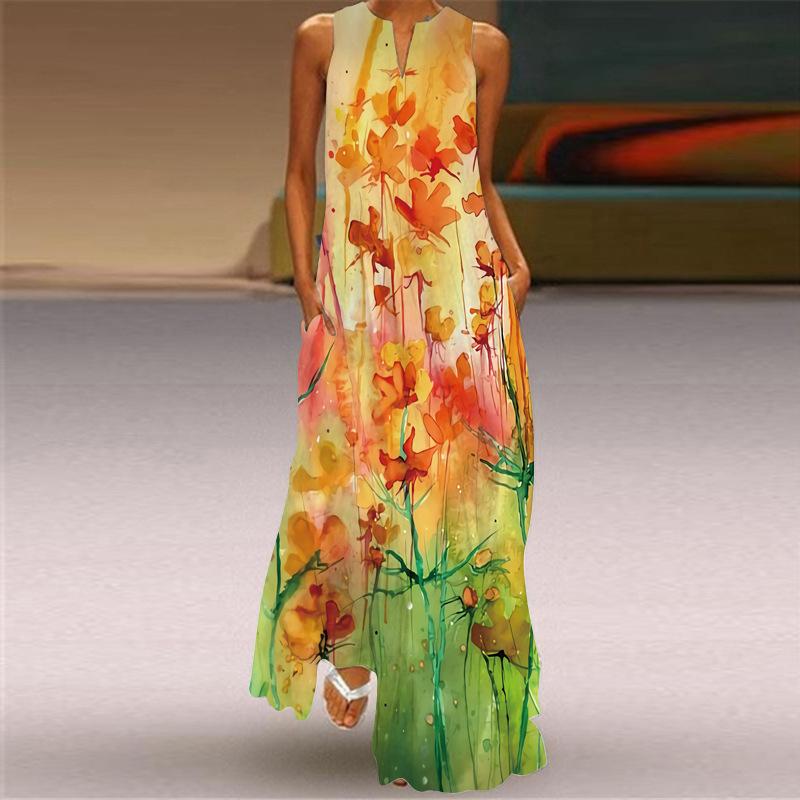 Summer Dress Women's Sleeveless Long Dress Boho V-neck Print Dress