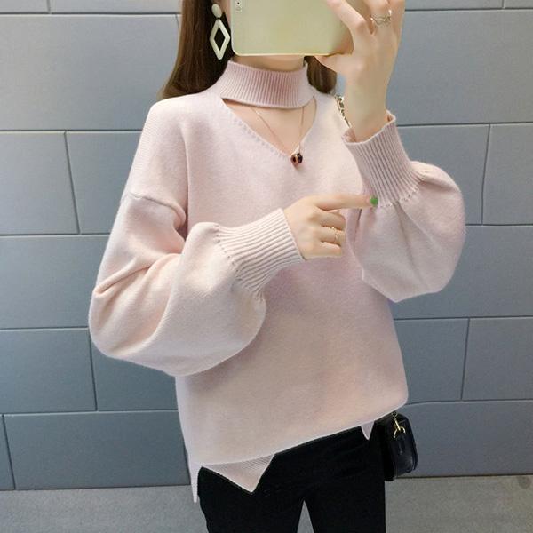 Autumn and Winter Loose Short Sweater Women's Half High Neck Lantern Sleeve Knit Sweater Solid Color Comfortable Bottoming Shirt Outer Wear