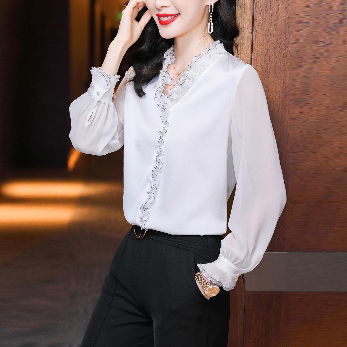 Spring Office Lady Long Sleeve Pullovers Lace Ruffles Chiffon Shirts Women's Clothing Vintage Elegant Blouse 4XL
