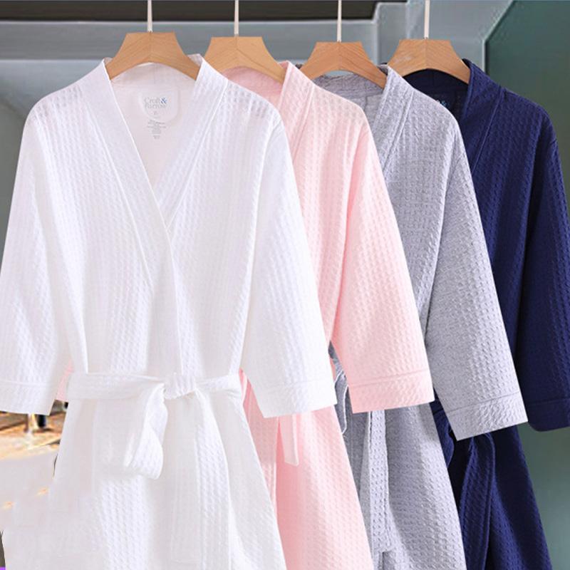 Women's Yukata Pajamas Robe Spring Autumn Loose Waffle Solid Color Bathrobe Long Sleeves Robe Sleeping Robes with Belt