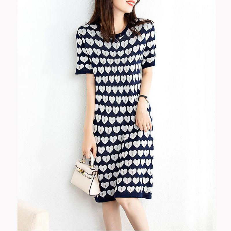 Round Neck Heart Pattern Short-sleeved Dress Drape Thin Temperament Elegant Straight Skirt Women's Summer Loose and Thin Printed Dress