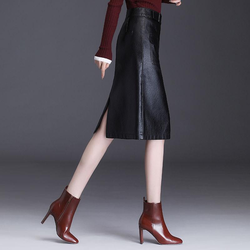 Female Autumn  Winter Leather Skirt High Waist Slim Wrap Skirt PU Leather Knee-length Bodycon Pencil Skirt