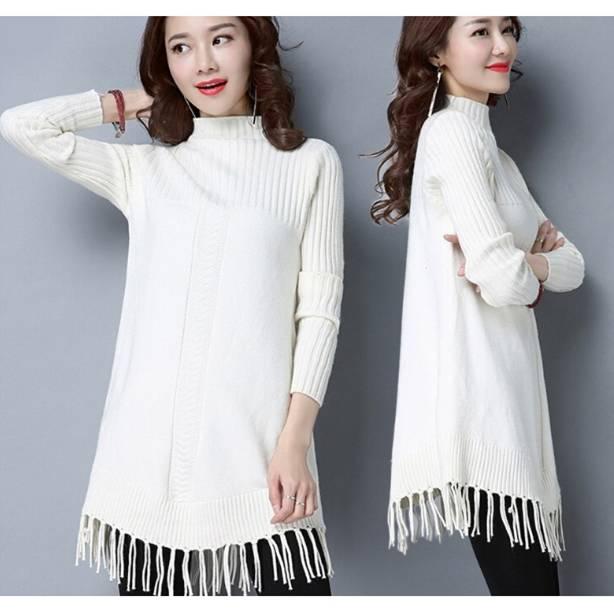 Pofulove Women Long Sweater Dress Long Section Turtleneck Tassel Pullover Base Knitted Blouse