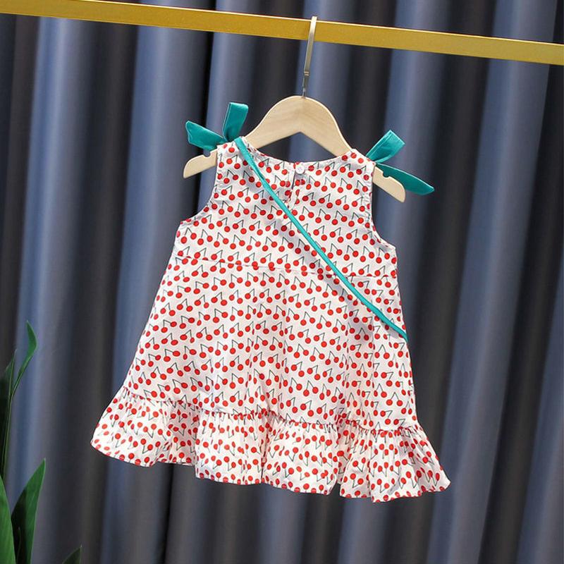 Children Dress Girls' Summer Thin Drawstring Dress Floral Printing Sleeveless Bow Ruffle Princess Dress