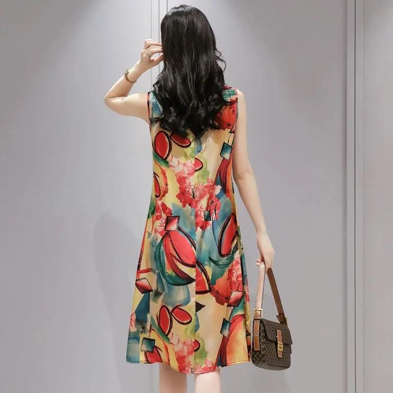 Women's Print Sleeveless Round Neck Dress Summer Loose Mid Length Women's Skirt