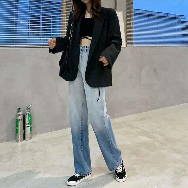 WTEMPO Color Gradient Jeans Women's High Loose Casual Washed Denim Straight Long Wide Leg Pants