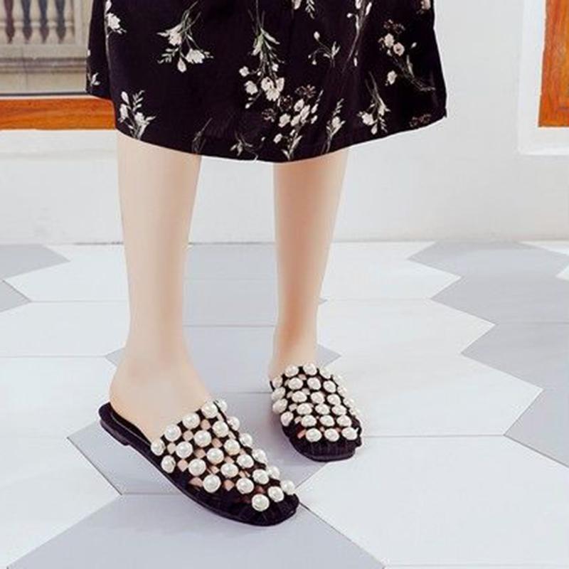 Women's Shoes Hollow Bright Beads All-match Casual Sandals with Low Heels Convenient and Not Hurting Feet Korean Pearls