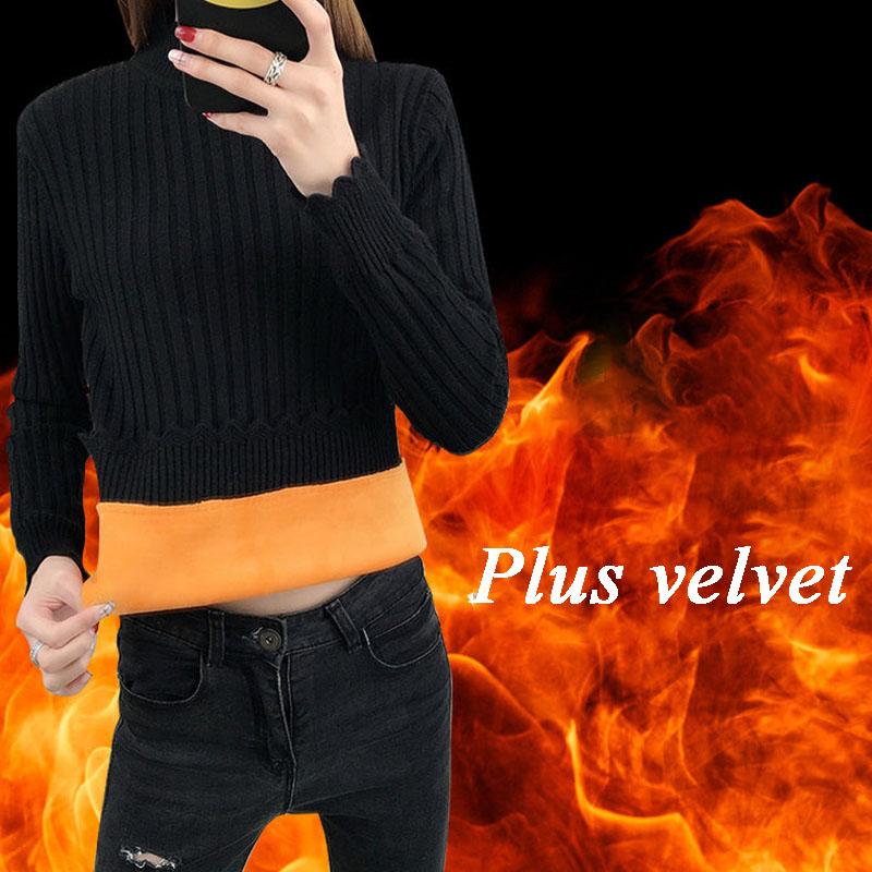 Women  Fleece Sweater Autumn and Winter Warm Knit Sweater Thick High Neck Pullover Sweater Stretch Slim Bottoming Shirt