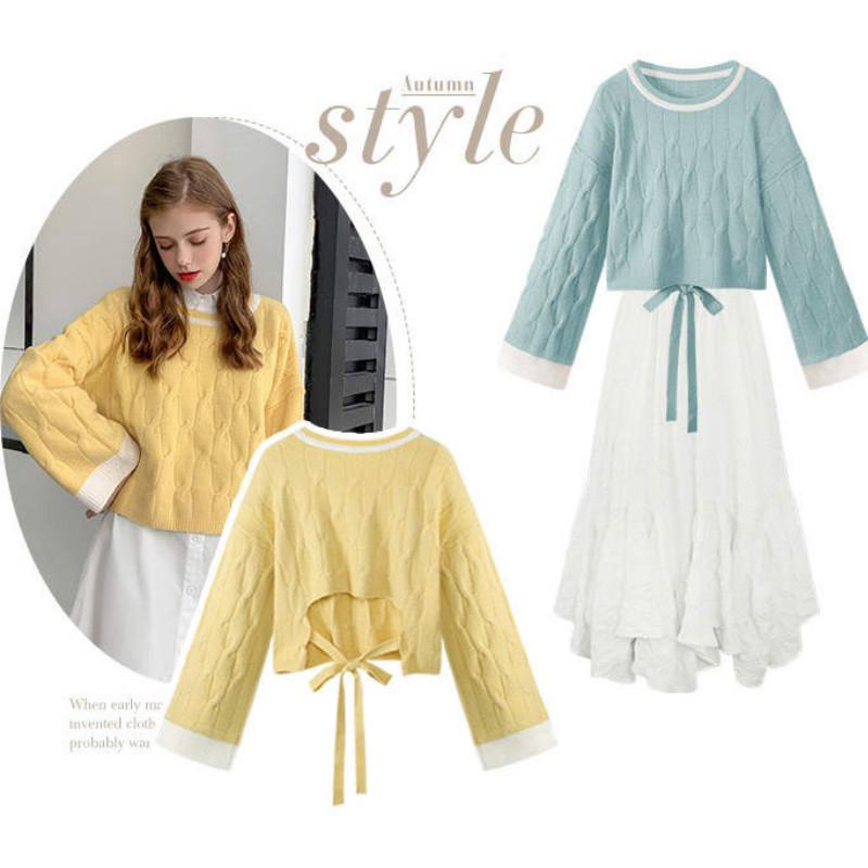 Pofulove Long Sleeve Pullover Twist Back Split Lace Up Sweater Personality Color Matching Sweater