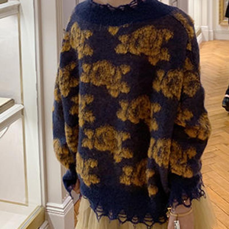 Autumn Winter V-neck Knitted Sweater Hollow Jacquard Design Long Sleeve Casual Fashion Pullover Thickening