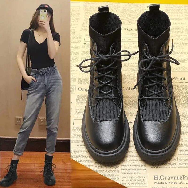 Martin Boots Women's Spring and Autumn Boots Korean Style Wild Breathable British Style Lace-up Ankle Plush Boots