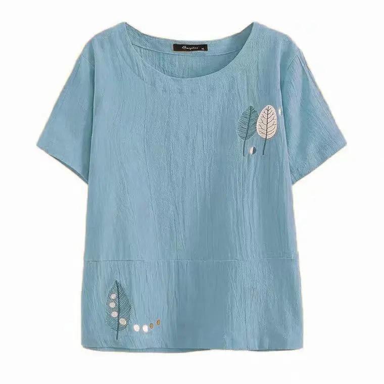 Cotton T-shirt Summer Literary Short-sleeved Women's Embroidered Large Size Stitching All-match Top