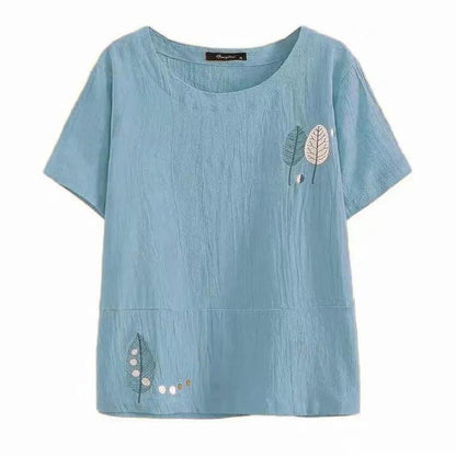 Cotton T-shirt Summer Literary Short-sleeved Women's Embroidered Large Size Stitching All-match Top