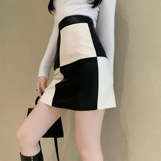 Retro High Waist PU Chessboard A Word Half Skirt Popular Stitching Colored Plaid Skirt Fashion Skirt