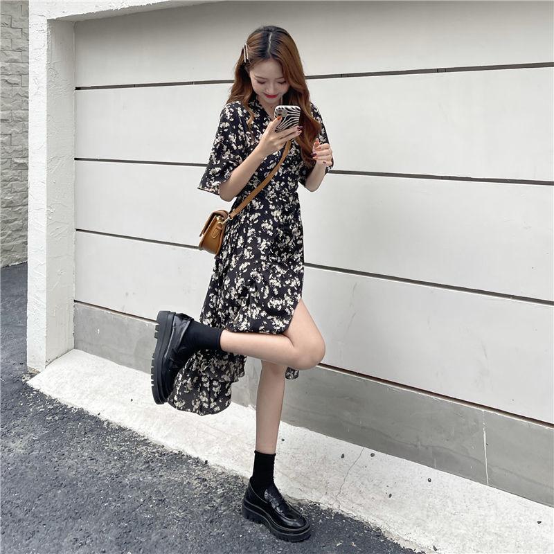 French Retro Floral Skirt Summer Mid-length Skirt Temperament High-level Sense of Short-sleeved Dress Women
