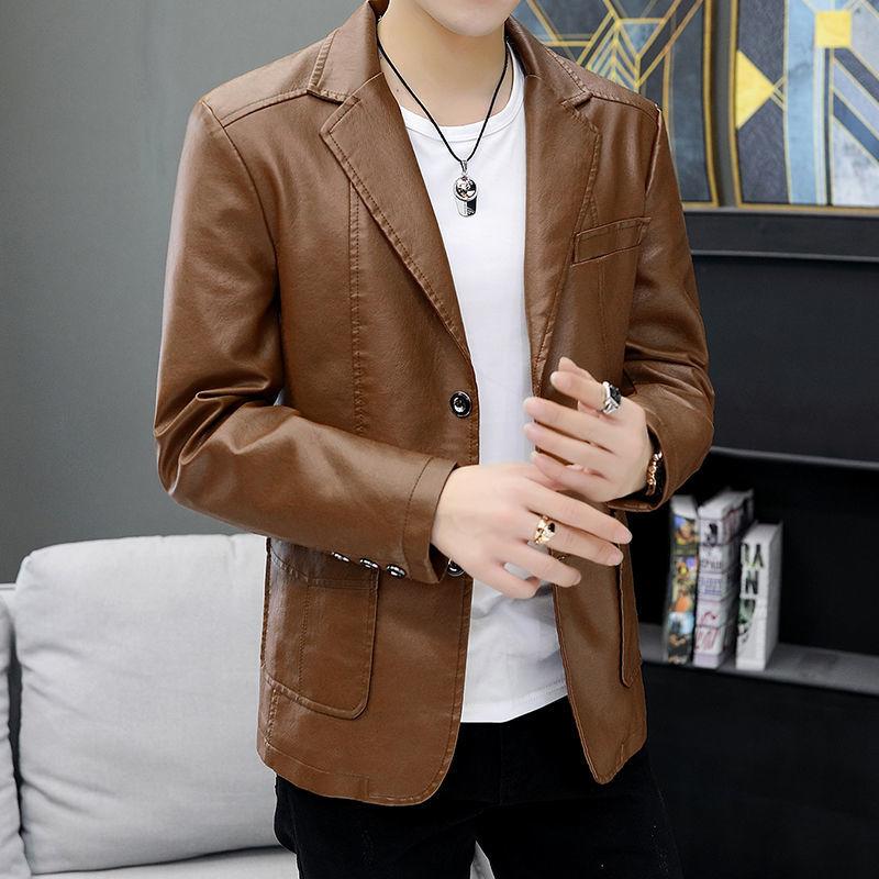 Leather Men's Autumn and Winter Slim Korean Leather Jacket Business Casual Plus Velvet Thick Leather Suit Jacket