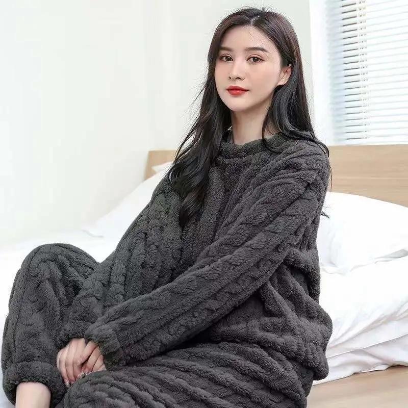 Women's Crochet Pajamas Set Plus Velvet Long Sleeves Flannel Coral Suit Home Wear Solid Color Loose Pajamas Pants Two-piece Set