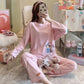 Ladies Pajamas Set Spring Autumn Cotton Long-sleeved Suit Cartoon Printing Pink Top Pants Two-piece Set Outdoor House Wear