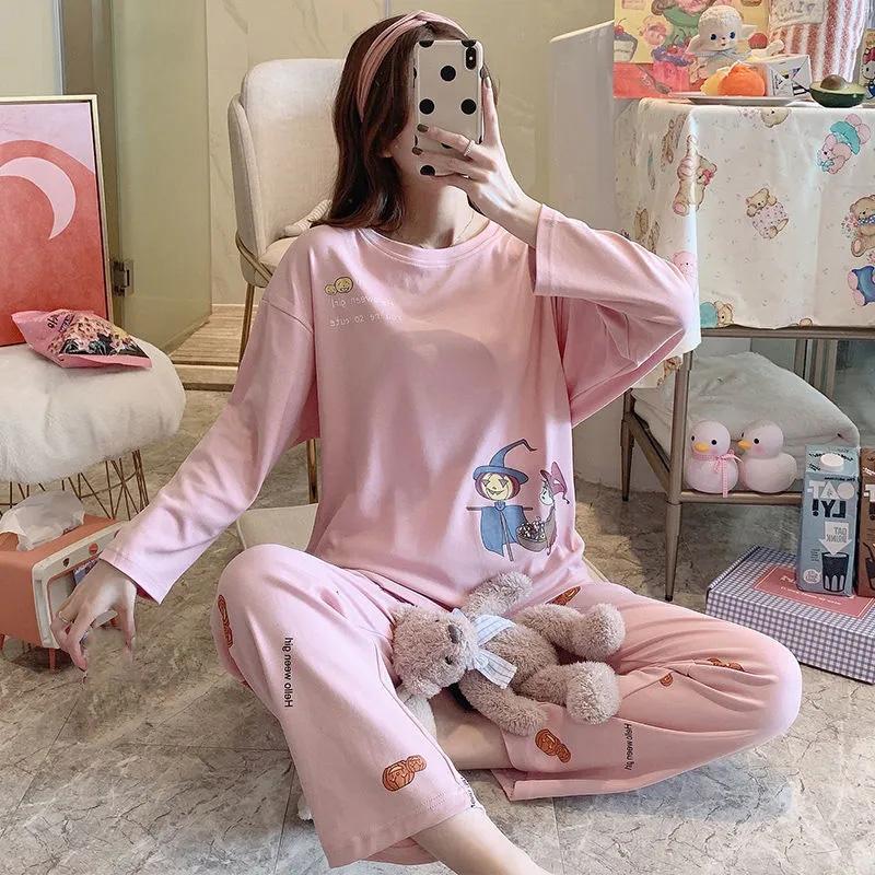 Ladies Pajamas Set Spring Autumn Cotton Long-sleeved Suit Cartoon Printing Pink Top Pants Two-piece Set Outdoor House Wear