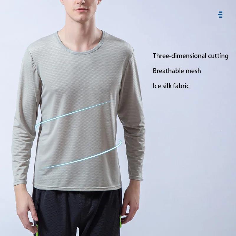 Men's Autumn Ice Silk Long-sleeved T-shirt Thin Cooling Quick-drying Sports Breathable Sunscreen Long-sleeved T-shirt Mesh Bottoming Shirt