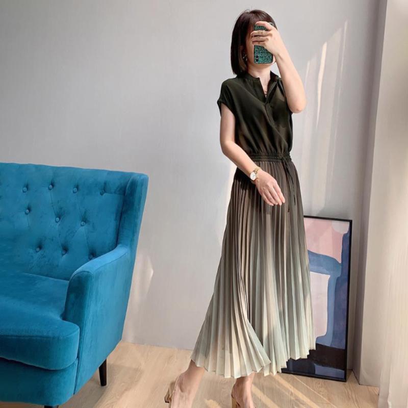 2021 Summer New Women's Pleated Skirt Temperament Dress Chiffon Long Skirt Slim Slimming Women's Large Size