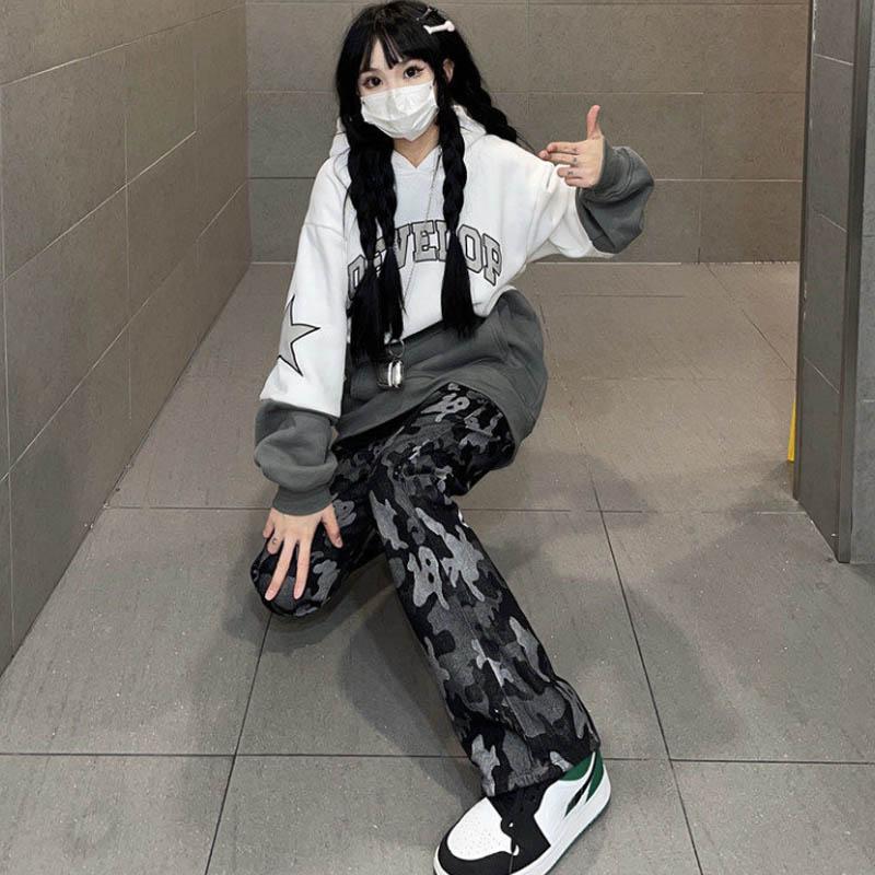 American Retro HIPHOP Printed Jeans Men and Women Hip Hop High Waist Loose Straight Micro-hm Pants
