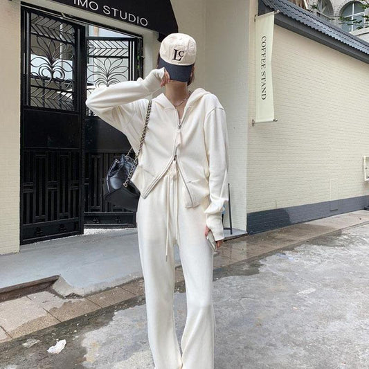 Double Zip Hooded Sweater Outer Sportswear Spring Loose Solid Color Casual Trousers Drawstring Sweatpants