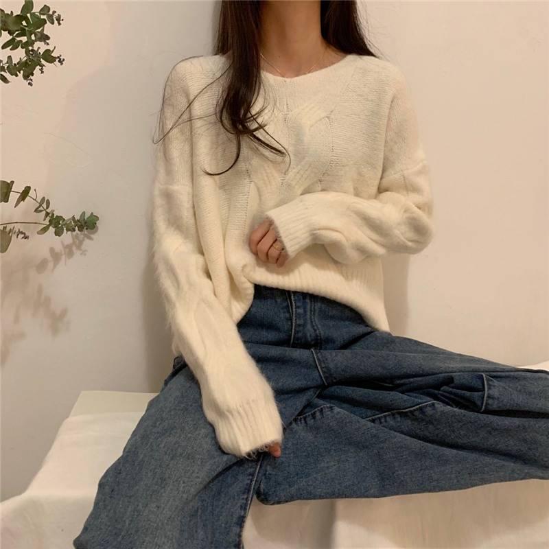 Pofulove Purple Twist Sweater Women Autumn Winter Wear Pullover Fashion Thick Wild Sweater Lady