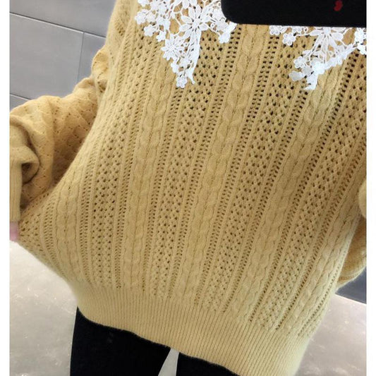Spring and Autumn Style Outer Wear Lace Doll Collar Sweater Loose Long Sleeve Sweater Women