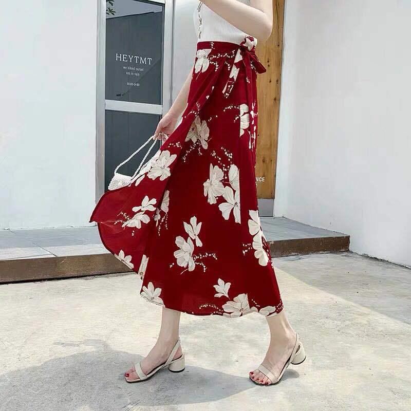 Vintage Floral Print Pockets All-match Women Long Half Length Skirt Autumn Loose Casual Female Skirt