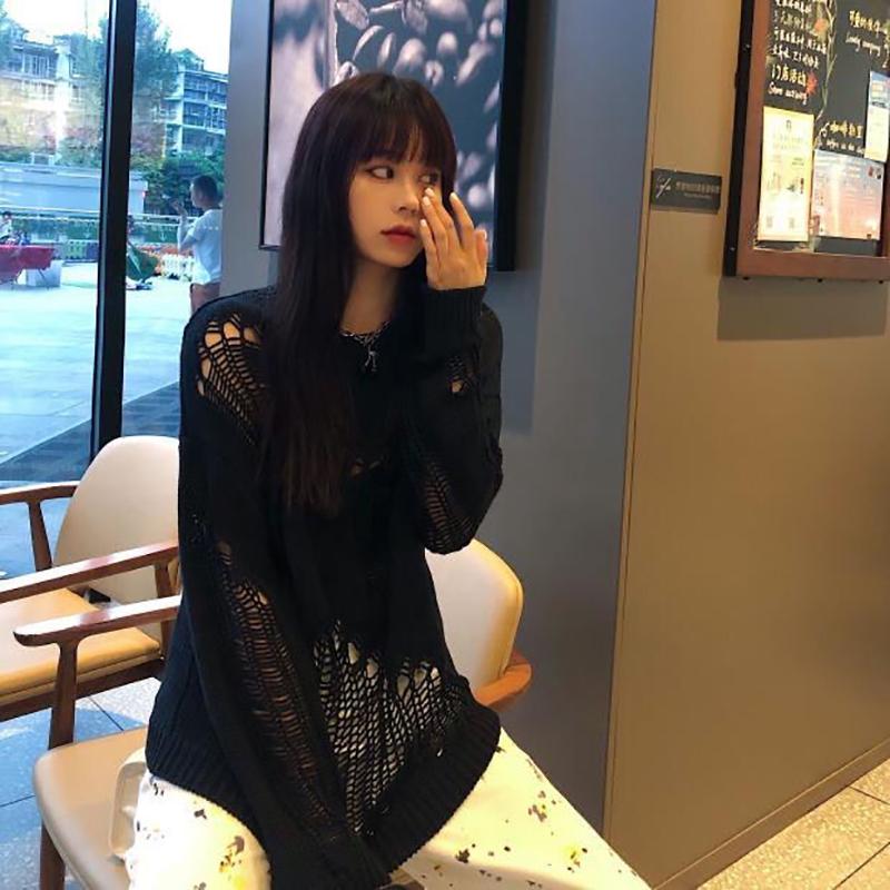 Gothic Punk Hole Sweaters Women Oversized Streetwear Harajuku Sweaters Hollow Out Broken Knitted Jumper Woman Pullover Sweater White Sweater Shirt