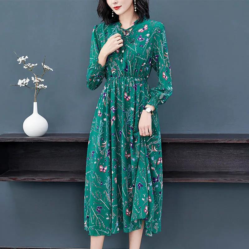 Spring Chiffon Floral Skirt Dress Women's Long-sleeved Large Size Long Slim Fit Bottoming Skirt Fabric Light and Breathable