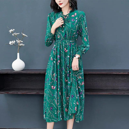 Spring Chiffon Floral Skirt Dress Women's Long-sleeved Large Size Long Slim Fit Bottoming Skirt Fabric Light and Breathable