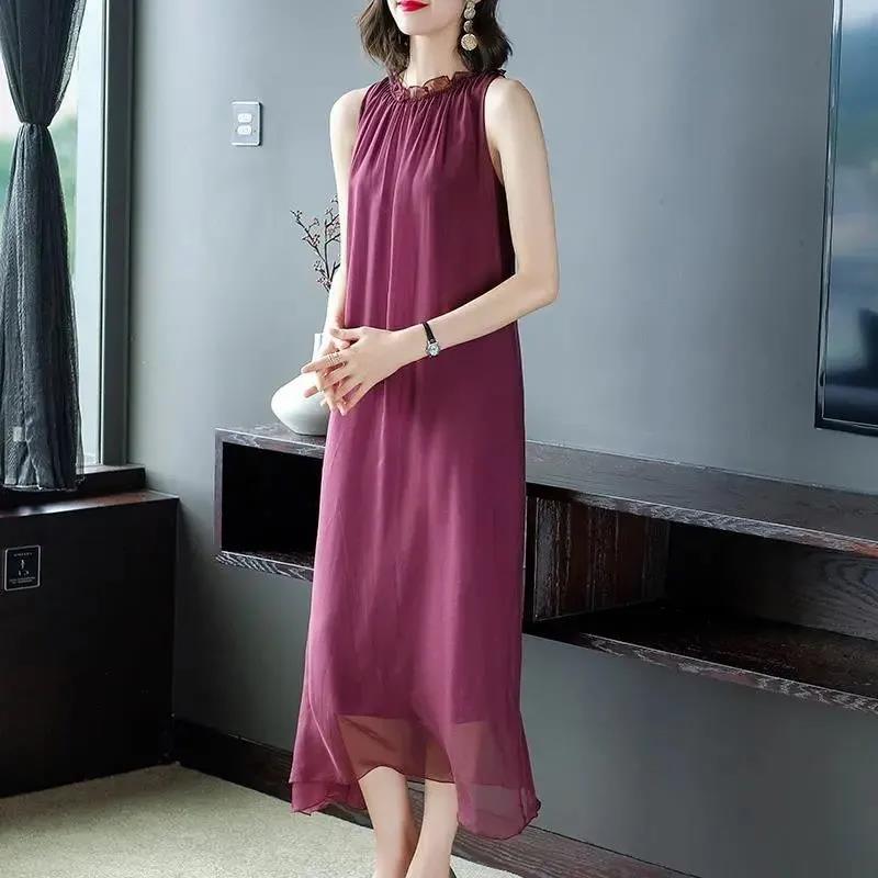 Summer Plus Size Real Quality Silky Dress Comfortable Loose Slim Sleeveless Vest Long Dress