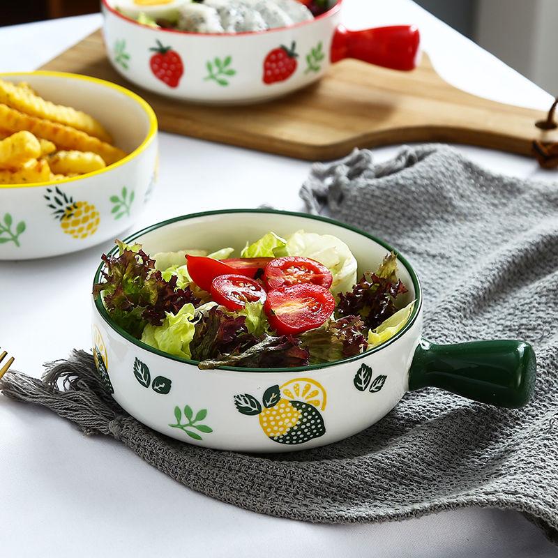 Nordic Style Instant Noodle Bowl with Handle Ceramic Baking Bowl Baked Rice Bowl Fruit Salad Bowl Home Microwave Oven Creative Baking Tray
