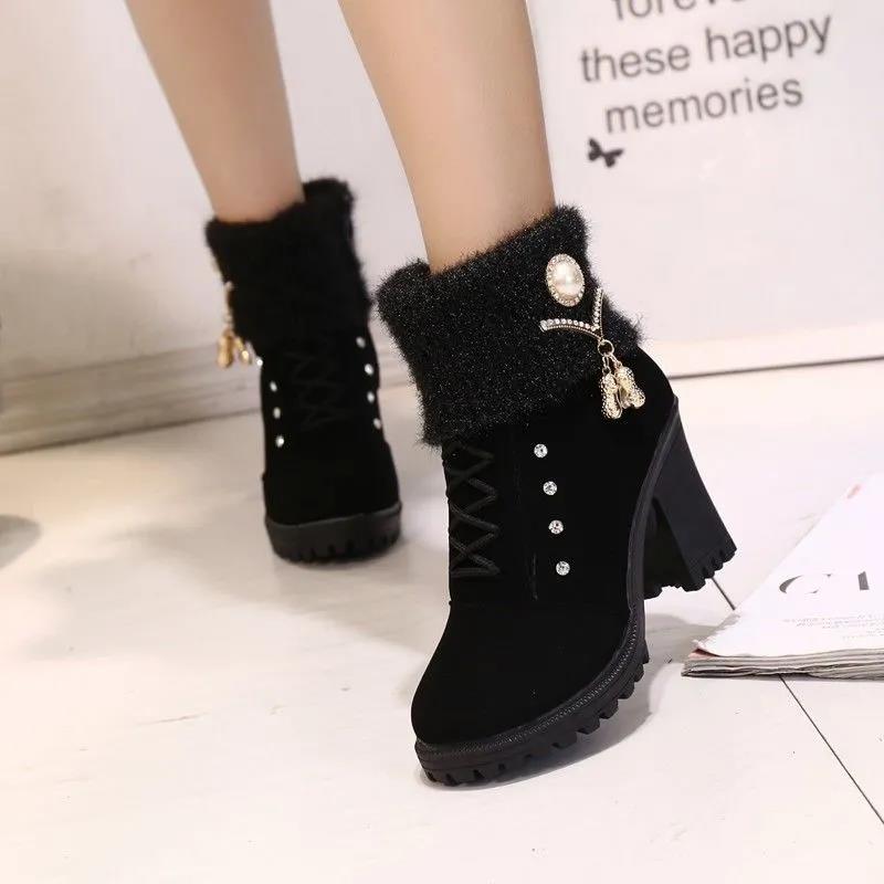 Autumn and Winter Short Mid-high Heel Round Toe Women's Shoes Side Zipper Woolen Cotton Boots