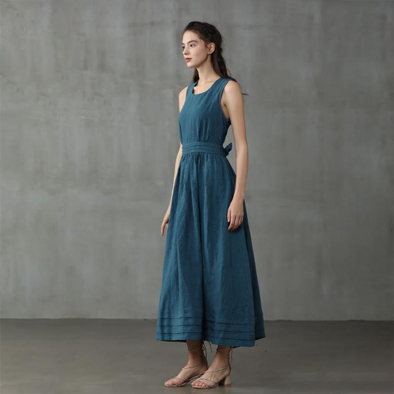 Cross Back Linen Dress, Drawstring Waist Slim Temperament Large Swing Skirt,maxi Dress, Sleeveless Dress, Layered Linen Dress, Apron Dress