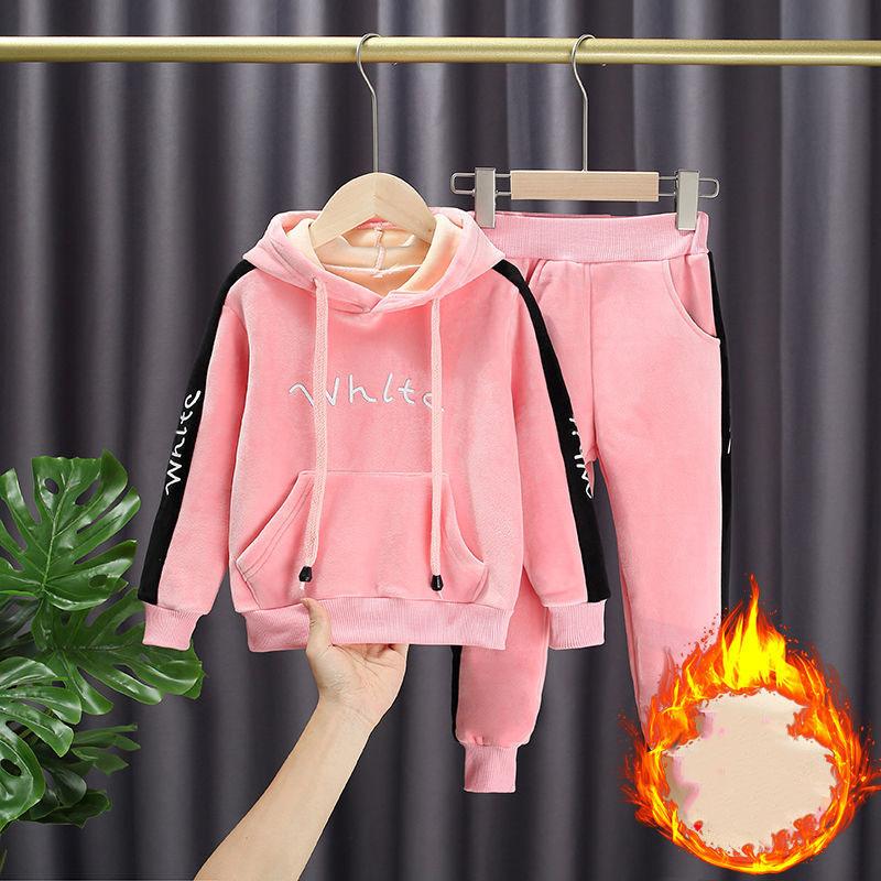 Girls Gold Silk Double-faced Fleece Casual Spring, Autumn and Winter Suit Korean Version of The Two-piece Suit