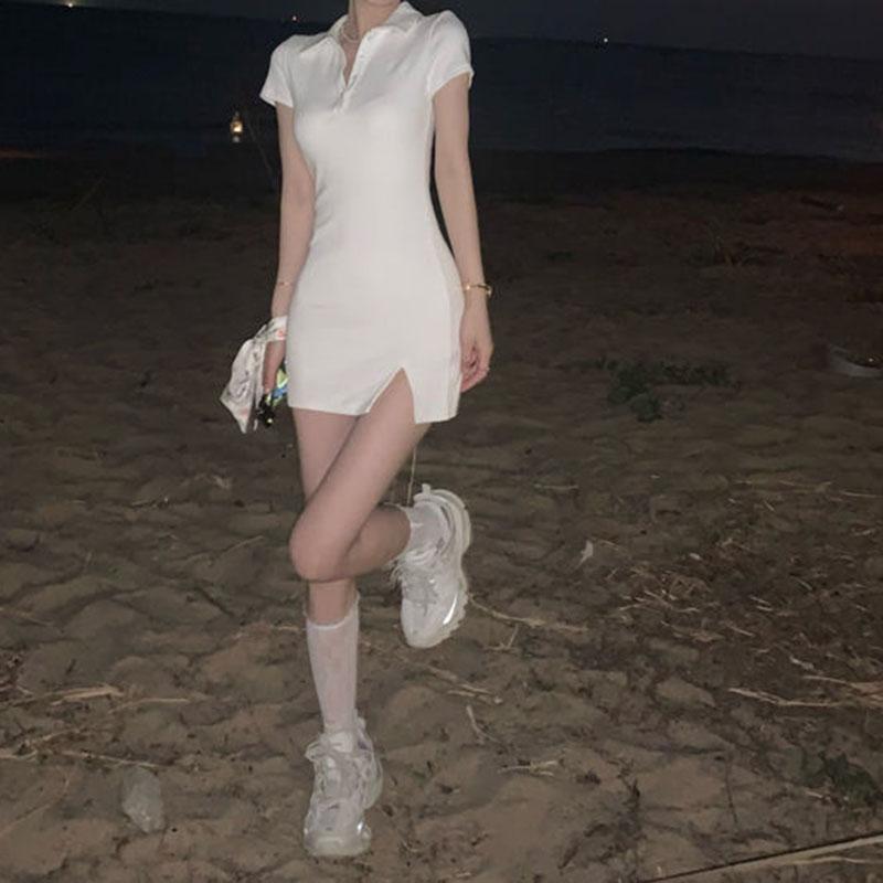 Summer Woman Oblique Button Polo Collar Short Sleeve Dress For Girls