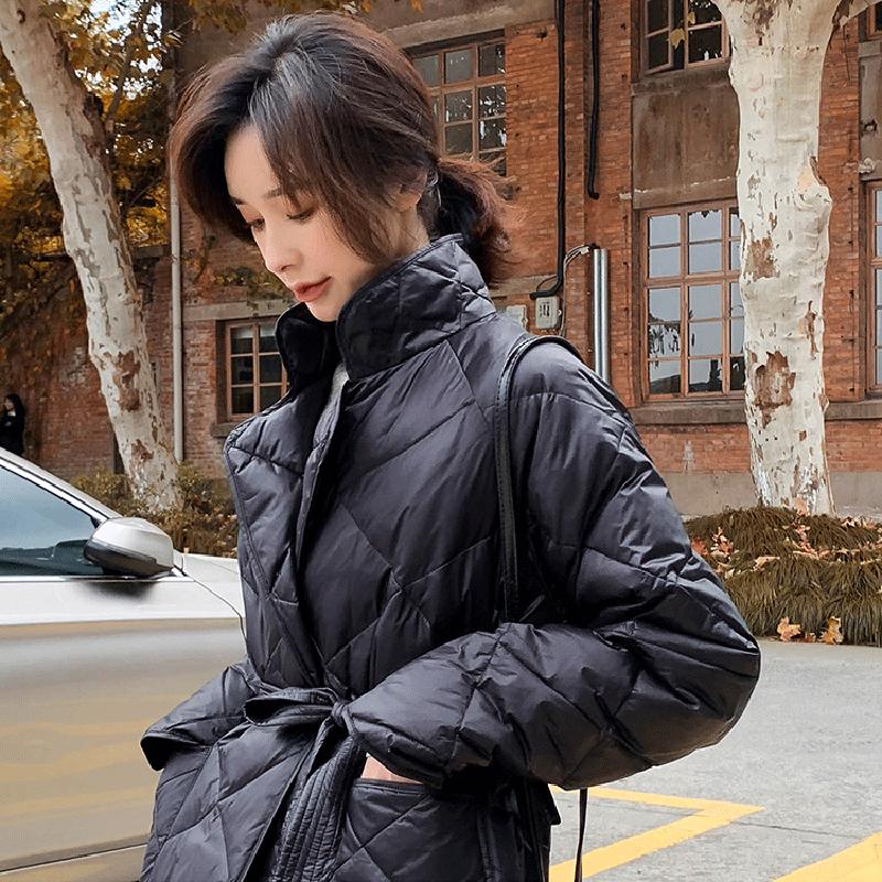 Casual Loose Argyle Hooded Parkas Women Fashion Solid Thick Long Coats Women Elegant Tie Belt Cotton Jackets Female Ladies