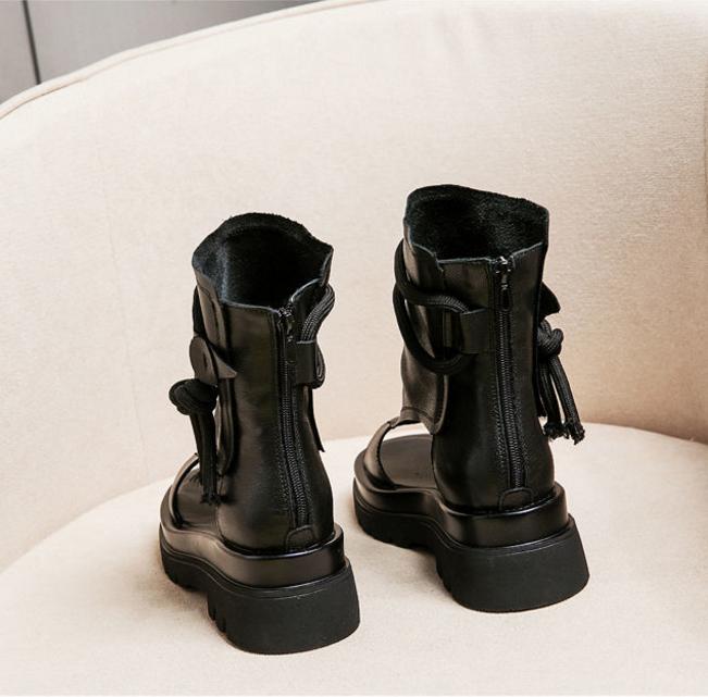 Women's Soft Leather Flat Sandals Platform Fish Mouth Sandals Mid-heel Casual High-top Roman Shoes